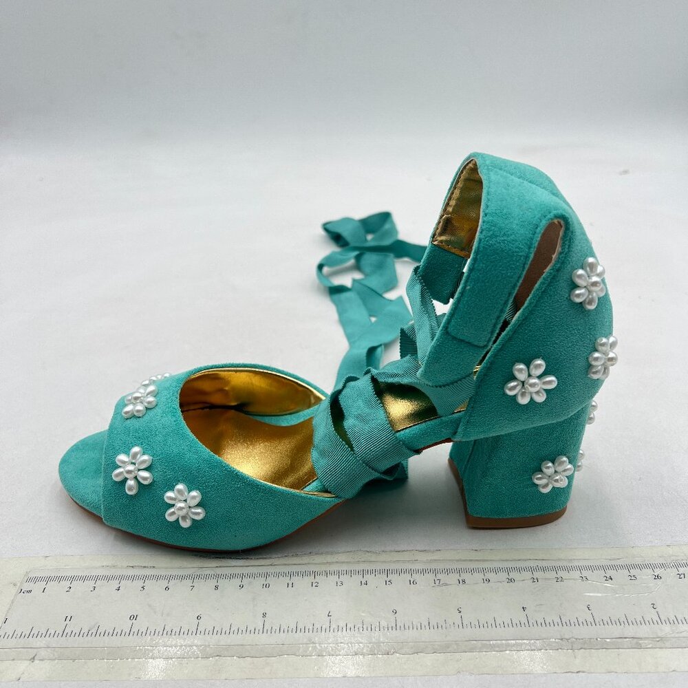 XYD Green Open Toe Bloom Pearl Flower Ribbon Ankle Strap Chunky Heel Sandals